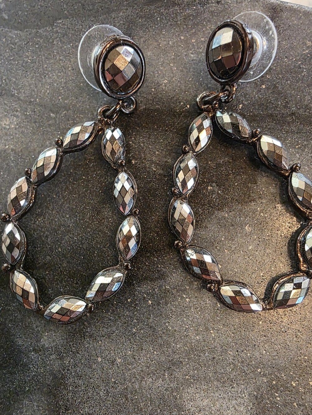 Gunmetal Hematite Faceted Crystal Open Teardrop Dangle Earrings